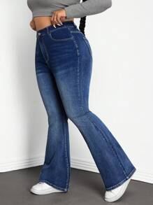 SHEIN ICON Plus Size Front Button Pocket Simple Flare Jeans, Casual Everyday Wear - Dark Wash - View 4