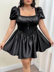 SHEIN ICON Vestido evasé con mangas abullonadas y cintura anudada, talla grande, en negro, para la temporada de bodas, vestido de primavera