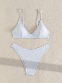 SHEIN Swim 夏季新款女士细肩带比基尼套装，无袖上衣设计，高开叉三角形下装，浅蓝色纹理面料，适合海滩、度假、休闲风格，适合所有年龄段，秋季 - 淺藍色 - 查看 7
