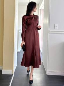 DAZY Elegant Round Neck Ruched Waist Fishtail Dress For Women, Fall Dress Long Sleeve Dress Red Women Dress - Burgundy - View 5
