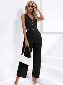 SHEIN Privé 2 件套女士纯色前扣无袖上衣和长裤套装 - 黑色 - 查看 4
