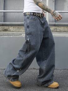 Manfinity EMRG Men's Blue-Gray Washed Denim Baggy Street Utility Pants, StreetEZ - Dusty Blue - View 1