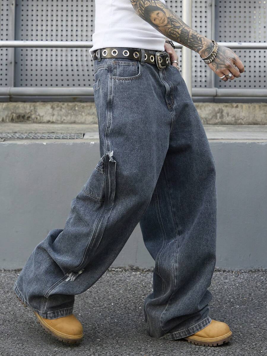 Manfinity EMRG Men's Blue-Gray Washed Denim Baggy Street Utility Pants, StreetEZ - Dusty Blue - View 1