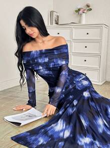 Modelyn 2件套女士露肩长袖上衣和紧身裙 - 彩色 - 查看 3