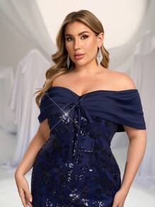 Glamrae Vestido de cóctel midi de corte ajustado con cuello de chale, body con, de color azul marino elegante con bordados y lentejuelas, para invitada a bodas y fiestas, talla grande - Azul Marino - Ver 7