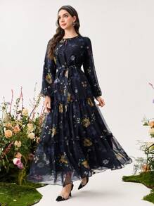 Modelyn 女式花卉印花雪纺系腰长裙，优雅春夏季