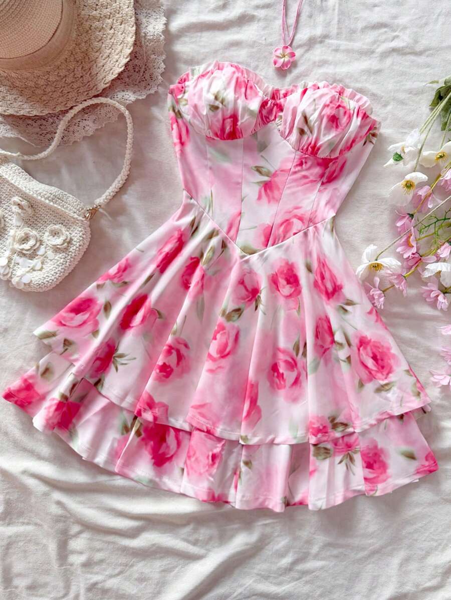 Soleia Romantic Summer Ruffled Bandeau Mini Princess Dress, Suitable For Vacation, Valentine's Day Date, Spring - Multicolor - View 1