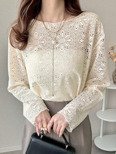 FRIFUL 女式杏色超大短款镂空花卉短款上衣，宽圆领，春夏季休闲外套上衣长袖女式上衣
