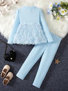 SHEIN 2 件/套 小女孩圆领拼布人造毛流苏蝴蝶结下摆罗纹针织毛衣上衣和修身罗纹针织裤套装 - 淺藍色 - 查看 2