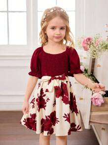 SHEIN Fern Glow  Young Girl Floral Print Sleeveless Dress, Adorable Vacation Style - Burgundy - View 6