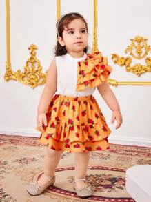 SHEIN Leap Crew Babygirl Summer Cute Ruffle Top And Elastic Waist Skirt Set - Orange - View 1