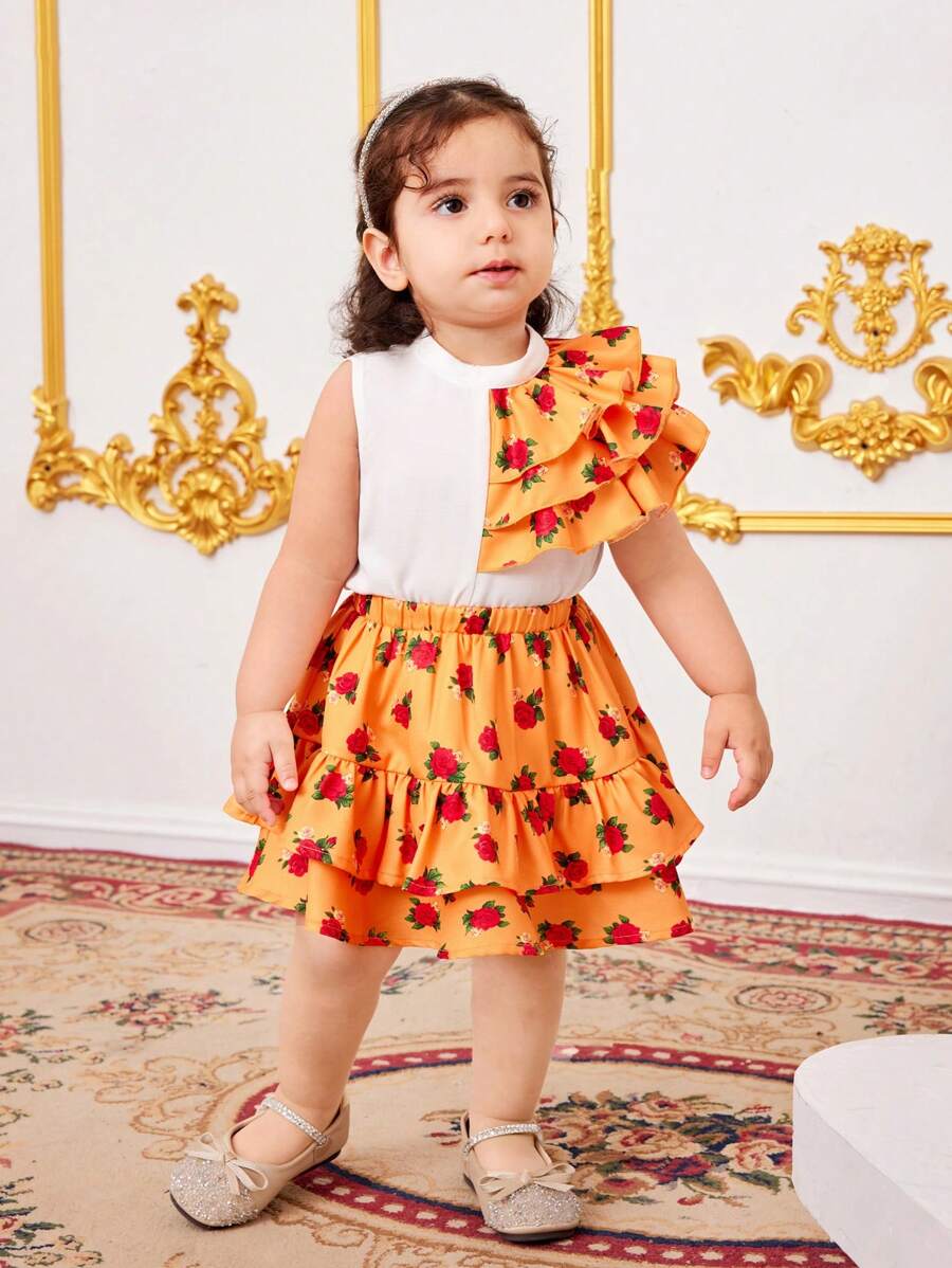SHEIN Leap Crew Babygirl Summer Cute Ruffle Top And Elastic Waist Skirt Set - Orange - View 1