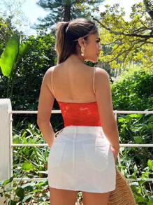 SHEIN SXY 女式花卉蕾丝荷叶边短款修身吊带背心、女士度假装、女士夏季装、女士海滩装、女士性感巡航装、女士春季装、海滩度假、红色上衣 - 紅色 - 查看 4