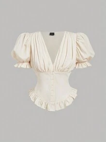 SHEIN MOD 女士杏色宫廷风衬衫，泡泡袖休闲办公衬衫