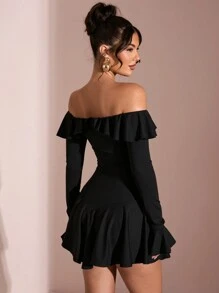 SHEIN BAE Summer Beach Vacation Elegant Solid Black Ruffle Dress One Shoulder Off Shoulder Long Sleeves, Suitable For Daily Dating, Night Out, Nightclubs, Parties, Get-Togethers, Cocktail Parties, Holiday Dresses, Pool Parties - Black - View 2