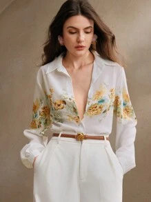 Anewsta Camisa de manga larga con estampado floral elegante y romántico, blusa de primavera para mujer - Albaricoque - Ver 3