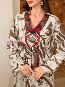 Al Najma Women Embroidered Patchwork Fringe Trim Long Sleeve Arabic Style Dress, Kaftan & Jalabiya - Multicolor - View 3