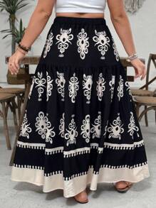 SHEIN VCAY 大码休闲假日复古印花半身裙