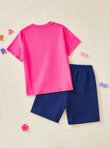 2 件卡通印花短袖上衣和纯色短裤青少年女孩休闲简约服装 - 彩色 - 查看 2