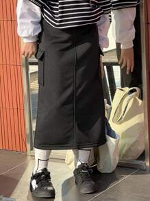 DAZY 少女针织口袋设计裙子，春季 - 黑色 - 查看 1