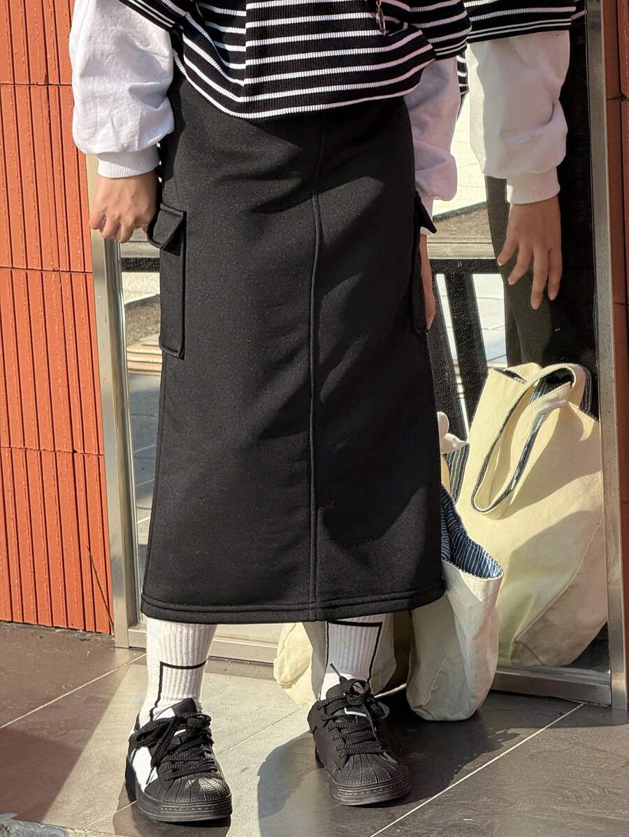 DAZY 少女针织口袋设计裙子，春季 - 黑色 - 查看 1