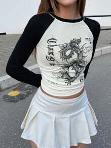 SHEIN Teen Girls Casual Chinese Dragon Print, Contrast Color, Round Neck Raglan Sleeve Short Sleeve Fitted T-Shirt, Suitable For Summer, Spring, Autumn, Winter - Contrast Color Patchwork, Knitted Raglan Sleeve, Ribbed Cuffs & Waist, Cropped Length