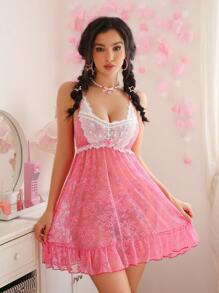 PetitDoll 2 Stücke süß niedliche Blumen Spitzen Patchwork Rüschen transparente sexy Schleife Damen sexy Nachthemd und String Set, rosa-weiß