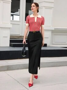 BizChic 女式条纹 Polo 领短袖毛衣，都市通勤商务休闲基本款上衣，秋冬优雅外套