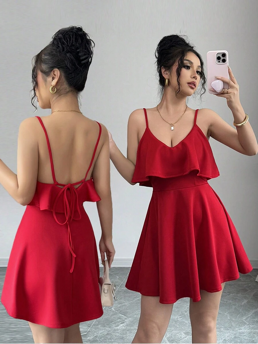 SHEIN Elenzya 女士简约时尚休闲日常通勤直筒连衣裙 - 紅色 - 查看 1