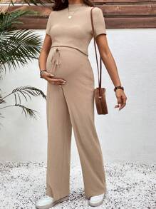 SHEIN 2 件套孕妇纯色立领短袖上衣和长裤套装 - 卡其色 - 查看 4