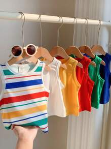 SHEIN 6pcs/Set Baby Boys' Casual, Versatile Knitted Colorful Striped & Solid Tank Tops, Summer All-Match Essentials