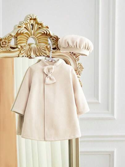 SHEIN Elladie kids 女婴优雅简约蝴蝶结大衣和帽子套装，秋冬
