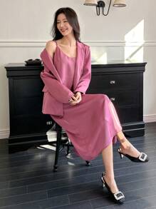 DAZY 2pcs Elegant & Sophisticated Blazer And Spaghetti Strap Dress Suit Set - Coral Pink - View 2