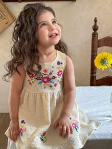 SHEIN LMoss Kids LMoss 女婴夏季可爱花朵无袖连衣裙 - 米色 - 查看 1