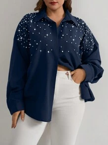 RueChic Cottnline Pearls Beaded Drop Shoulder Shirt - Navy Blue - View 7