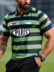 Manfinity Homme Plus Size Men's Contrast Stripe & Letter Print Polo Shirt - Green - View 3