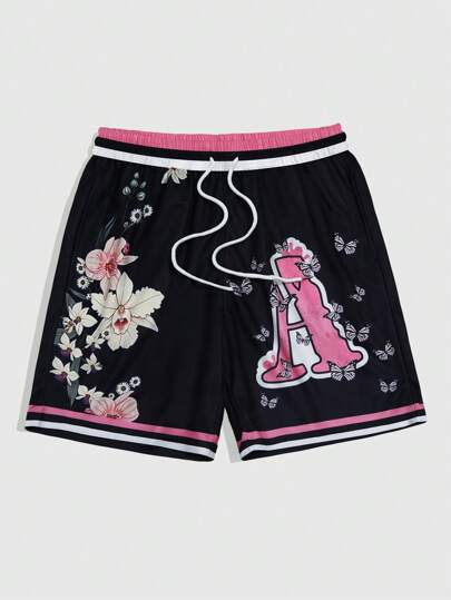Anime Herren Lässig Farbblock gestreifte kurze Hose mit Blumen- und Buchstaben Muster und Kordelzug Taille