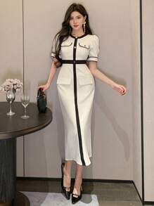 DAZY Vestido de mujer de longitud media en bloque de colores, con cuello redondo, mangas abultadas y botones. Vestido de fiesta o vestido de verano