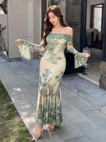 DAZY St. Patrick's Day Floral Mesh Dress With Flared Sleeves & Off Shoulder Neckline For Women Elegant,Ruffle,Fall Dress Long Sleeve Dress Easter - Green - View 7