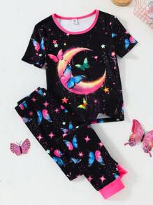 青少年女孩蝴蝶夜光扎染月亮拼布圆领短袖上衣和裤子套装，舒适贴身，时尚
