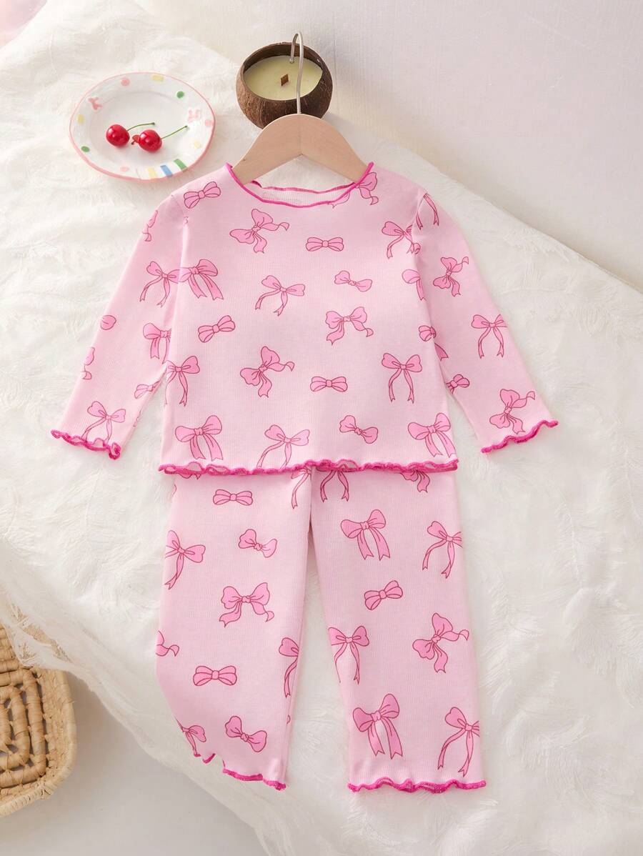 SHEIN 2pcs/Set Baby Girl Infant Toddler 0-3Y New Cute Sweet Casual Daily Graphic Bow Ribbed Knit Round Neck Long Sleeve Fitted Tee And Slim Fit Pants Set, Suitable For All Seasons - Pink - View 1
