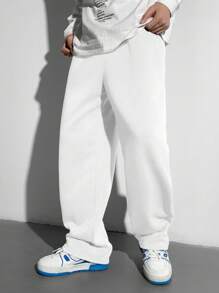 SHEIN Teen Boys Casual Loose Sweatpants With English Print, Elastic Waist Vintage Style Trousers, Suitable For Autumn, Winter, School, Home, Daily, Sports, Birthday Party, Outings, All-Match Versatile Thermal Lined