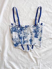 Soleia 女士复古花卉撞色吊带背心上衣，适合节日、约会、下午茶、度假、音乐节、波西米亚风格、春夏 - 藍白色 - 查看 2