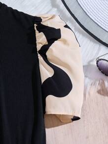 SHEIN Teen Girls' Elegant Casual Commuter Dress, Black & Apricot Geometric Yin Yang Print Short Puff Sleeve A-Line Midi Dress, Suitable For Spring/Summer, Valentine's Day, Clean Girl, Girls Dresses, Filipiniana Terno - Multicolor - View 5