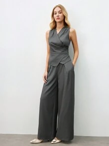 BizChic Women's Solid Color Sleeveless Blazer Suit Set With Pants