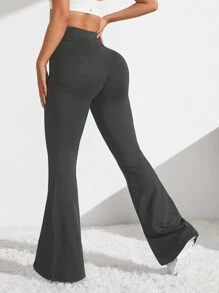 Easithlete Women's Solid Color Pleated Waist Flare Leg Sports Pants