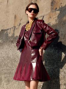 Anewsta Valentine's Day Autumn Shiny PU Leather Patch Mesh Splicing U-Neck Dress With Suit Jacket, Co-Ord Set