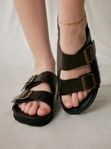 Solecia Casual Black Flat Sandals With Metal Square Buckle, Ideal For Vacation Spring Break Easter