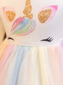 Glamorique Kids Vestido corto lindo con mangas con volantes, estampado de degradado de unicornio y arcoíris, manga larga de gasa, para bebé niña, para principios de primavera