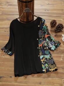 Lacomfia Women's Giraffe Print Loose Casual Round Neck Blouse - Multicolor - View 1